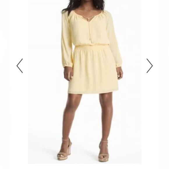 White House Black Market Long Slit Sleeve Boho Dress Canary Yellow -Size 4 - Picture 3 of 7